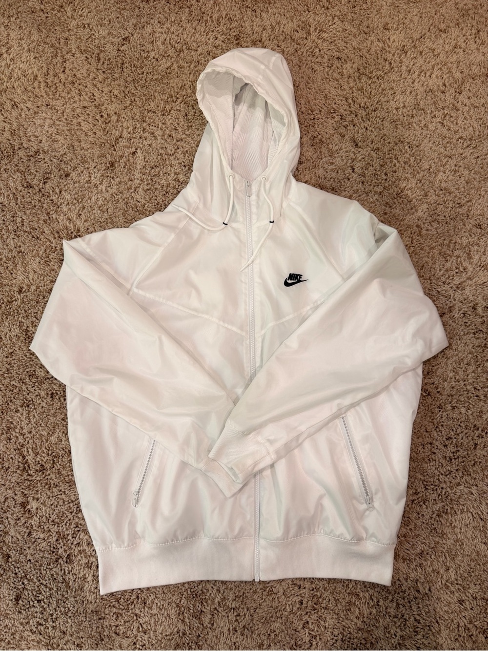 Nike Men's White Hooded Windbreaker with Black Swoosh